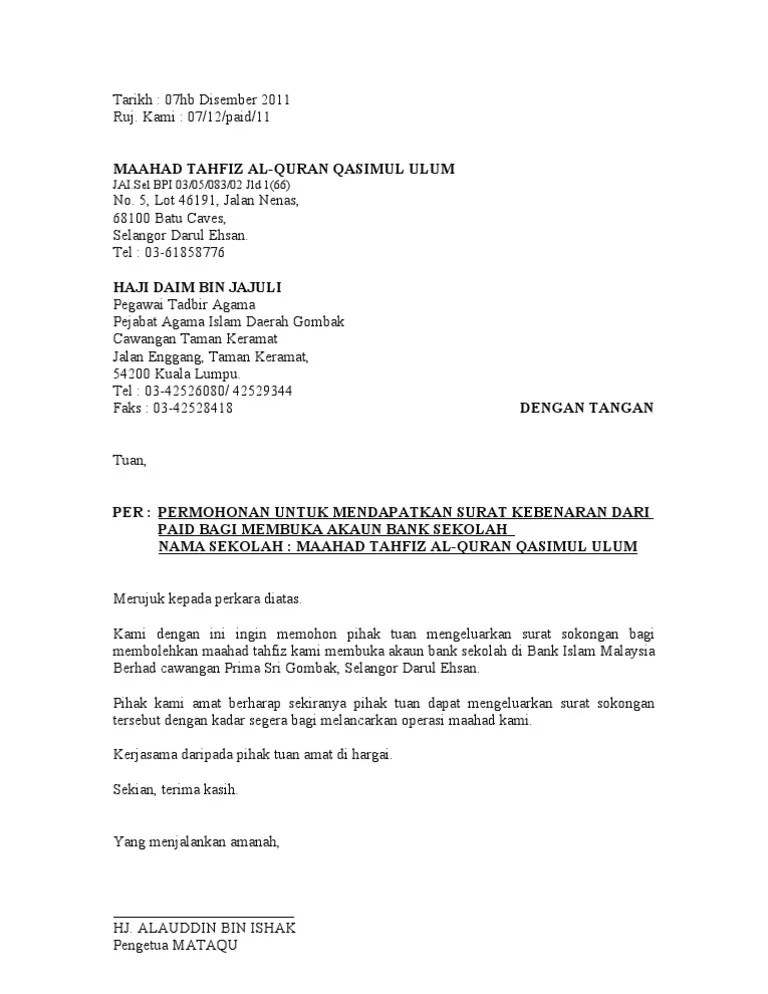 surat pembukaan akaun bank