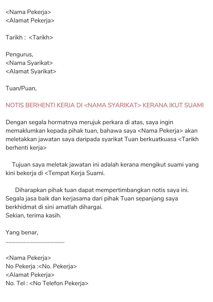 contoh surat notis berhenti kerja