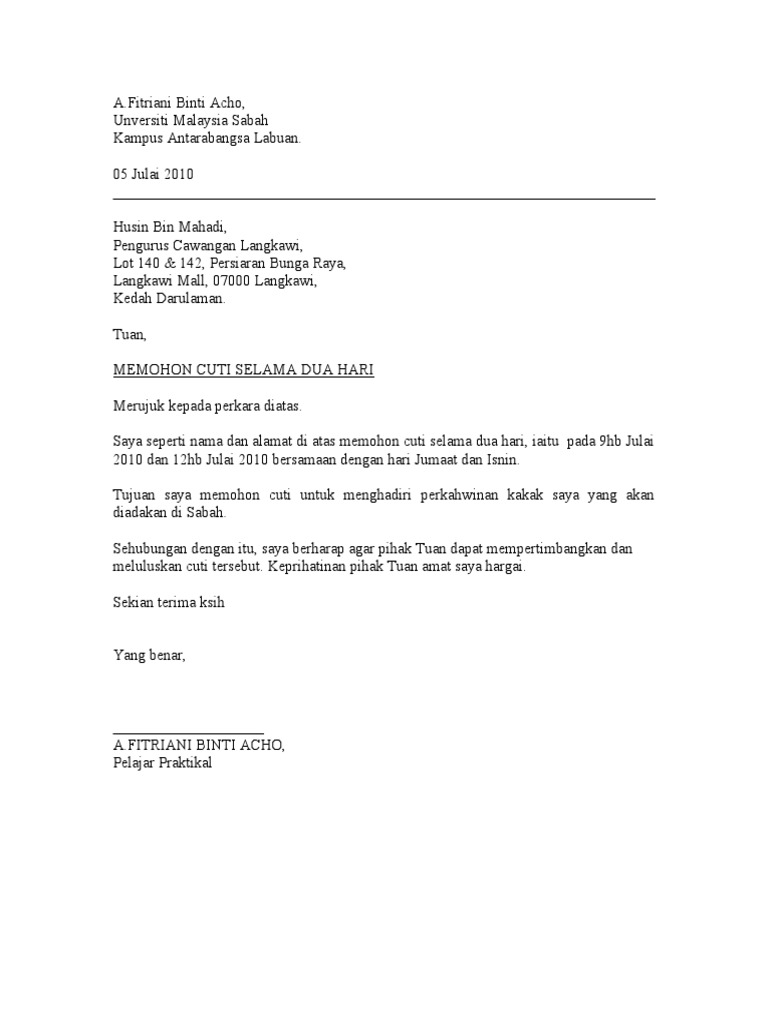 contoh surat surat memohon cuti kerja